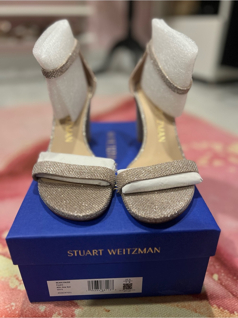 Stuart Weitzman Poudre Glitter Block Heel Ankle Strap Sandals